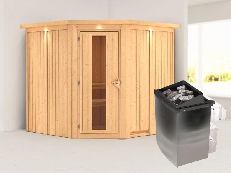 Karibu Sauna Jarin inkl. 9-kW-Ofen mit interner Steuerung, mit Dachkranz, mit energiesparender Sauna