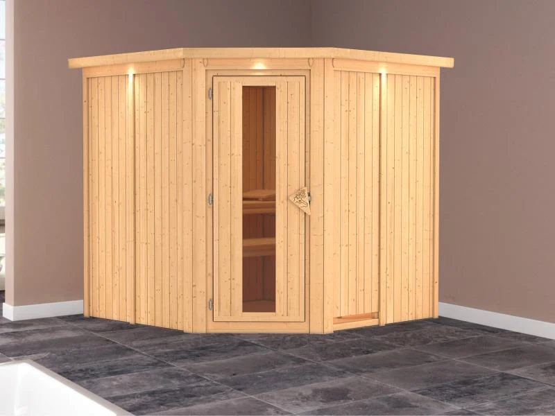 Karibu Sauna Jarin ohne Ofen, mit Dachkranz, mit energiesparender Saunatür