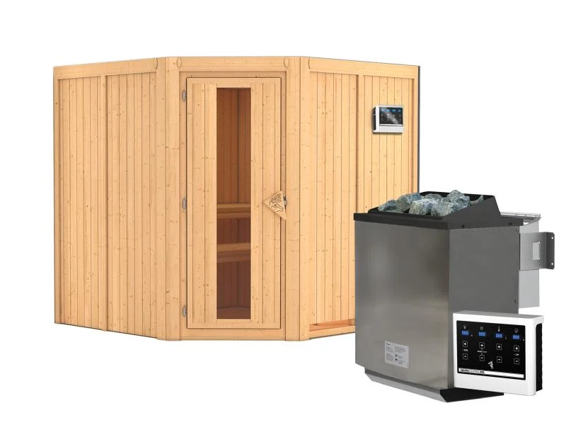 Karibu Sauna Jarin inkl. 9-kW-Bioofen mit externer Steuerung, ohne Dachkranz, mit energiesparender S