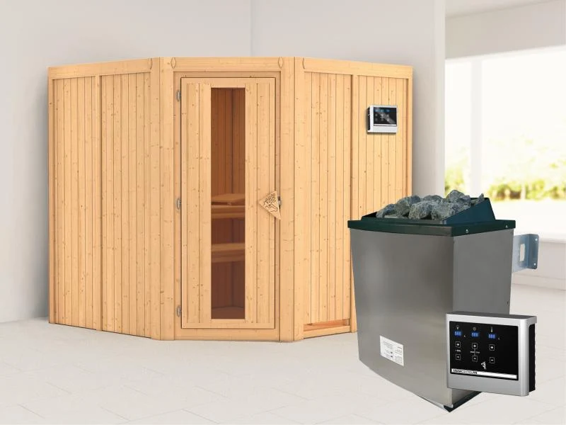 Karibu Sauna Jarin inkl. 9-kW-Ofen mit externer Steuerung, ohne Dachkranz, mit energiesparender Saun