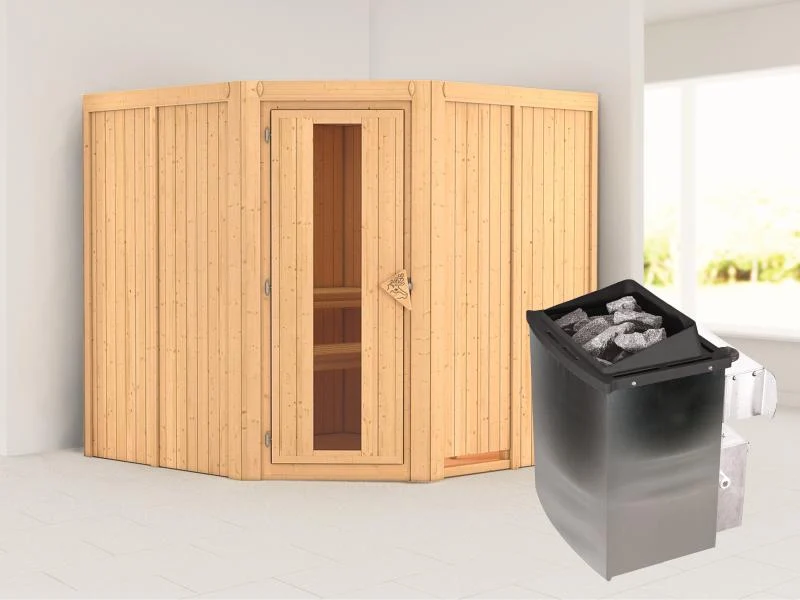 Karibu Sauna Jarin inkl. 9-kW-Ofen mit interner Steuerung, ohne Dachkranz, mit energiesparender Saun