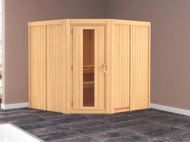 Karibu Sauna Jarin ohne Ofen, ohne Dachkranz, mit energiesparender Saunatür