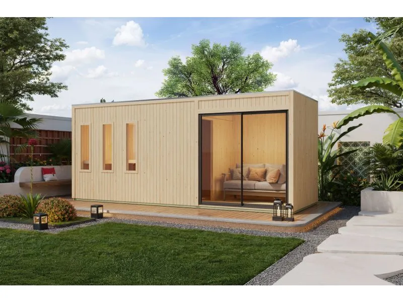 Karibu Saunahaus Monterey, natur, inkl. 9 kW Bioofen ext. Steuerung, mit Séparée im Vorraum, 73 mm