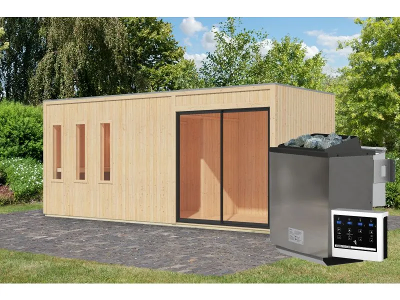 Karibu Saunahaus Monterey, natur, inkl. 9 kW Bioofen ext. Steuerung, mit Séparée im Vorraum, 73 mm