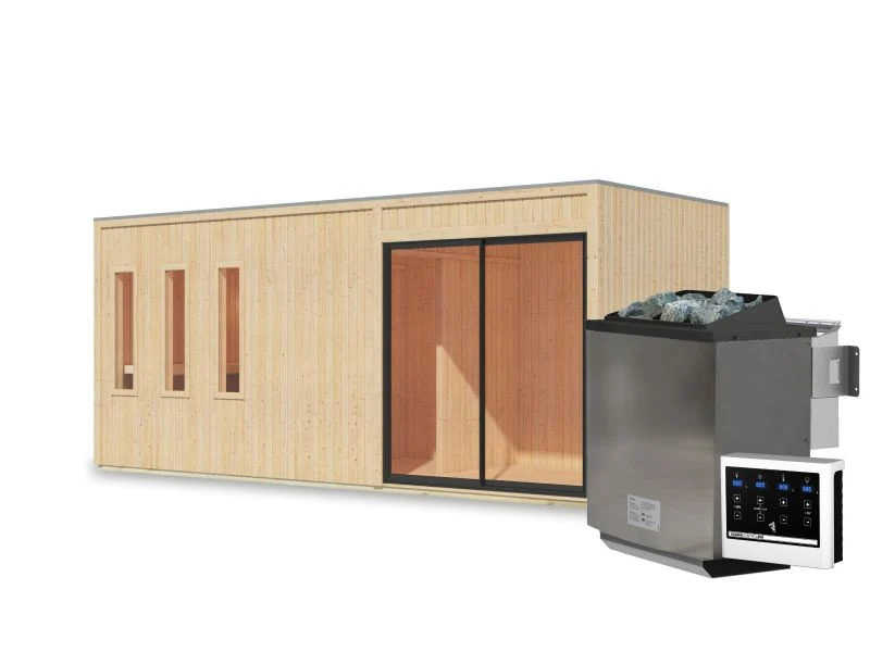 Karibu Saunahaus Monterey, natur, inkl. 9 kW Bioofen ext. Steuerung, mit Séparée im Vorraum, 73 mm
