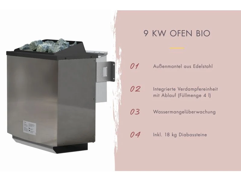 Karibu Saunahaus Monterey, natur, inkl. 9 kW Bioofen ext. Steuerung, mit Séparée im Vorraum, 73 mm
