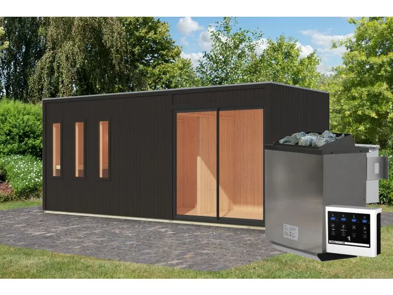 Karibu Saunahaus Monterey, schwarz, inkl. 9 kW Bioofen ext. Steuerung, mit Séparée im Vorraum, 73 mm