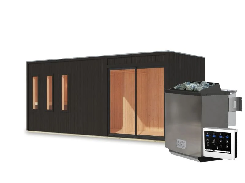 Karibu Saunahaus Monterey, schwarz, inkl. 9 kW Bioofen ext. Steuerung, mit Séparée im Vorraum, 73 mm