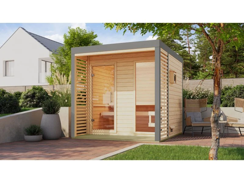 Karibu Hybrid Saunahaus Ares 2, naturbelassen/graualuminium, inkl 9 kW Ofen ext. Steuerung