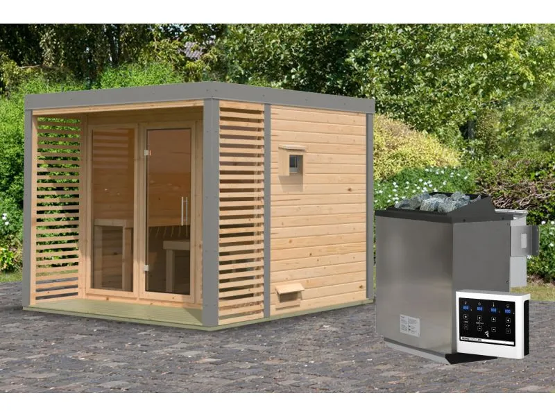 Karibu Hybrid Saunahaus Ares 3, naturbelassen/graualuminium, inkl. 9 kW Bioofen ext. Steuerung
