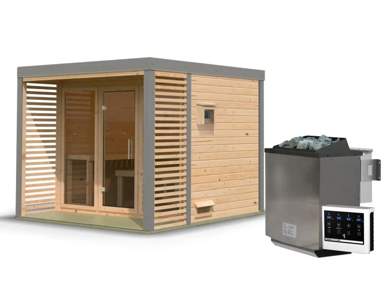 Karibu Hybrid Saunahaus Ares 3, naturbelassen/graualuminium, inkl. 9 kW Bioofen ext. Steuerung