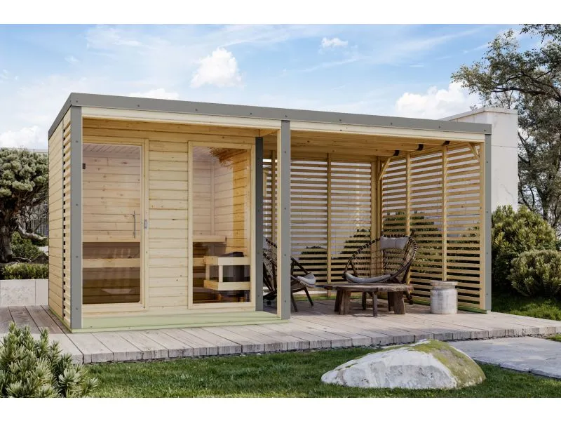 Karibu Hybrid Saunahaus Ares 2, naturbelassen/graualuminium, inkl 9 kW Bioofen ext. Steuerung