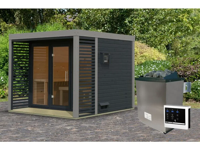 Karibu Hybrid Saunahaus Ares 3, anthrazit/graualuminium, inkl. 9 kW Ofen ext. Steuerung