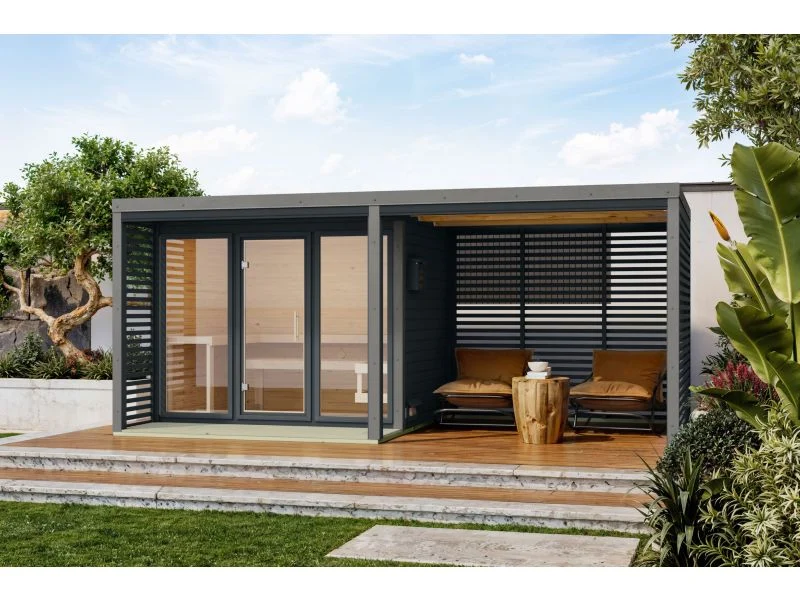 Karibu Hybrid Saunahaus Ares 3, anthrazit/graualuminium, inkl. 9 kW Ofen ext. Steuerung