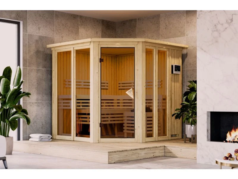 Karibu Sauna Airi, inkl. 9 kW Bioofen ext. Steuerung - mit Dachkranz -