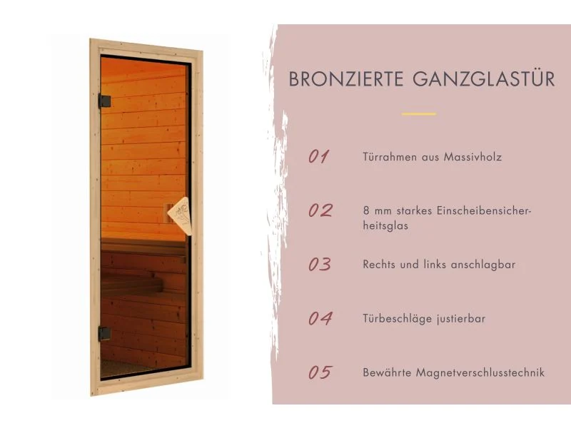 Karibu Sauna Airi, inkl. 9 kW Bioofen ext. Steuerung - mit Dachkranz -