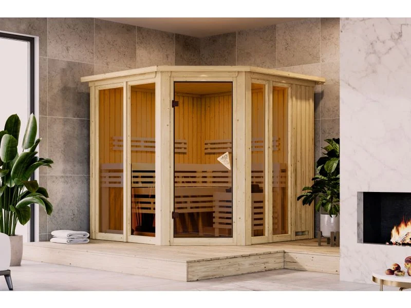 Karibu Sauna Airi, inkl. 9 kW Ofen integr. Steuerung - mit Dachkranz -