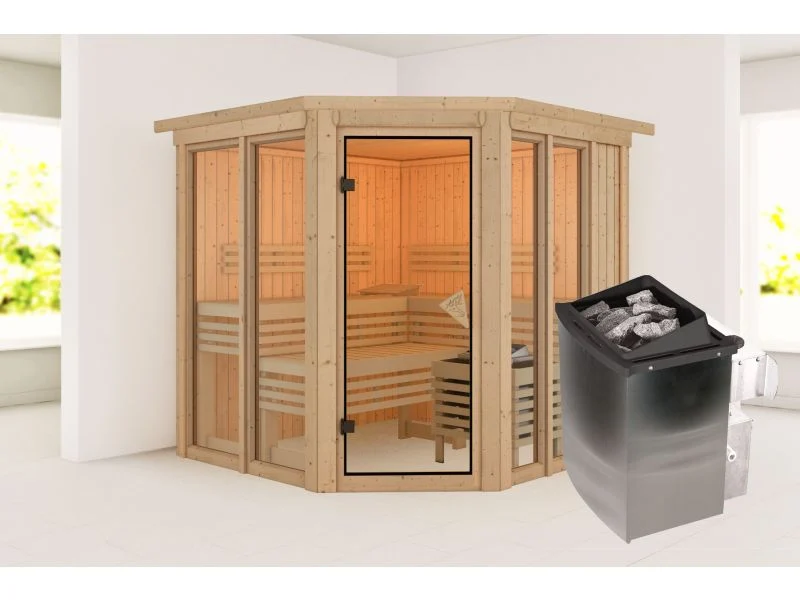 Karibu Sauna Airi, inkl. 9 kW Ofen integr. Steuerung - mit Dachkranz -