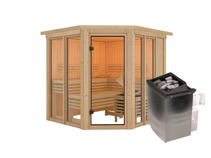 Karibu Sauna Airi, inkl. 9 kW Ofen integr. Steuerung - mit Dachkranz -