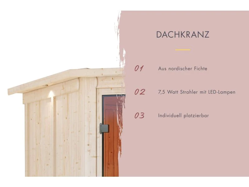 Karibu Sauna Airi, inkl. 9 kW Ofen integr. Steuerung - mit Dachkranz -