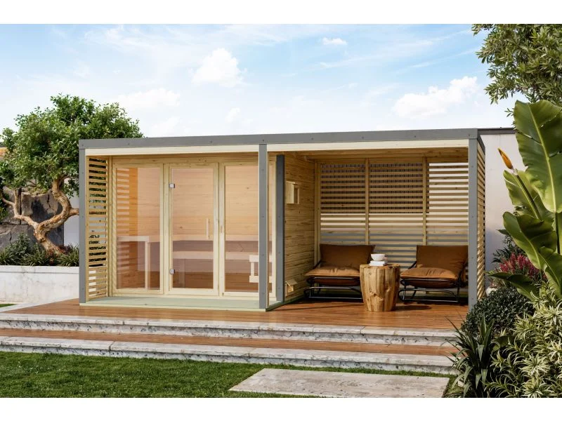 Karibu Hybrid Saunahaus Ares 3, naturbelassen/graualuminium, inkl. 9 kW Ofen ext. Steuerung