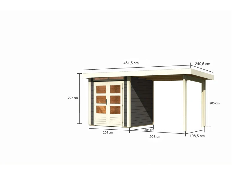 Karibu Gartenhaus Kandern 1 mit Anbaudach 2,35 m, terragrau