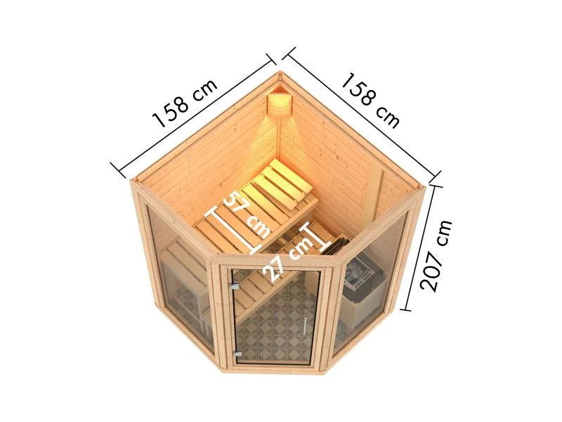 Karibu Sauna Yuma, inkl. 9 kW Ofen ext. Steuerung, mit Klarglas Ganzglastür