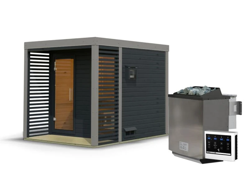 Karibu Hybrid Saunahaus Ares 2, anthrazit/graualuminium, inkl. 9 kW Bioofen ext. Steuerung