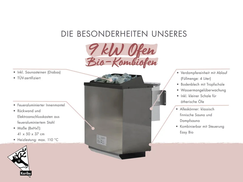 Karibu Bio-Kombiofen 9,0 kW externe WiFi Steuerung und Steine