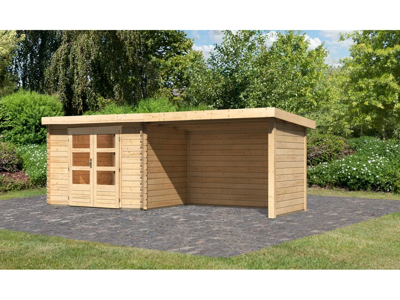 Karibu Gartenhaus Bastrup 3 mit Anbaudach 3 Meter inkl. Rück-und Seitenwand