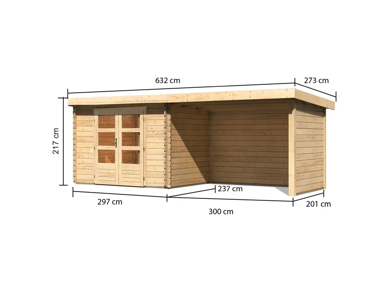 Karibu Gartenhaus Bastrup 3 mit Anbaudach 3 Meter inkl. Rück-und Seitenwand