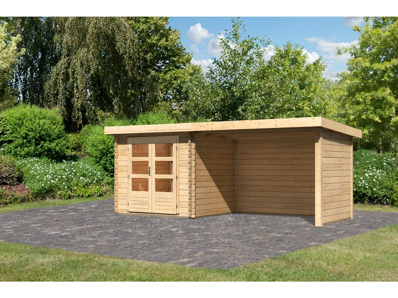 Karibu Gartenhaus Bastrup 2 mit Anbaudach 3 Meter inkl. Rück-und Seitenwand