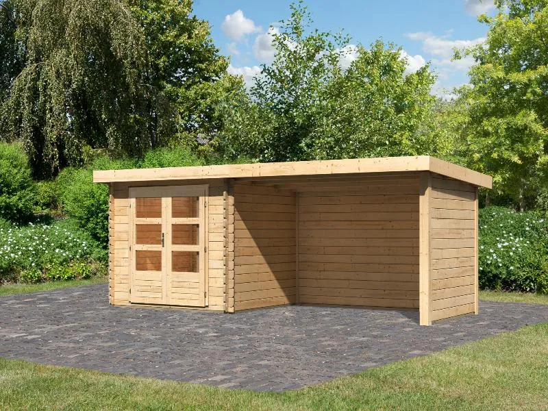 Karibu Gartenhaus Bastrup 2 mit Anbaudach 3 Meter inkl. Rück-und Seitenwand