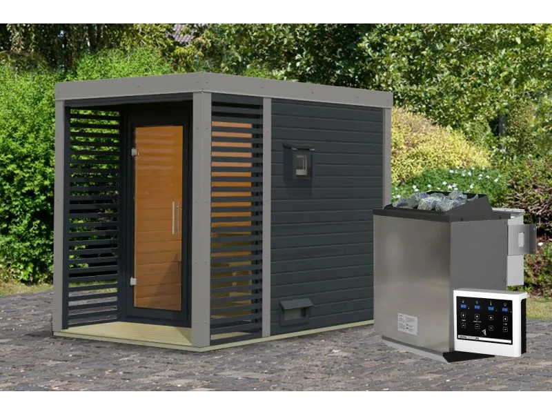 Karibu Hybrid Saunahaus Ares 1, anthrazit/graualuminium, inkl. 9 kW Bioofen ext. Steuerung