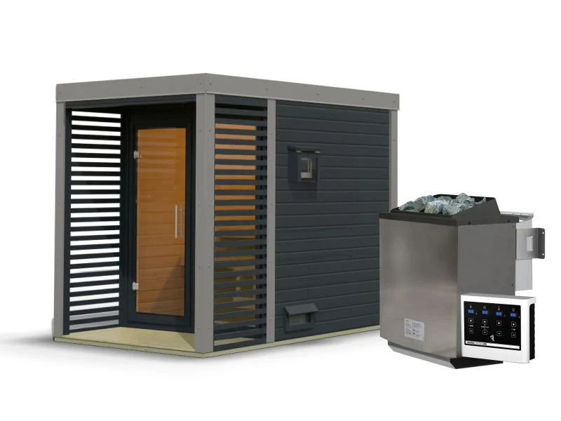 Karibu Hybrid Saunahaus Ares 1, anthrazit/graualuminium, inkl. 9 kW Bioofen ext. Steuerung