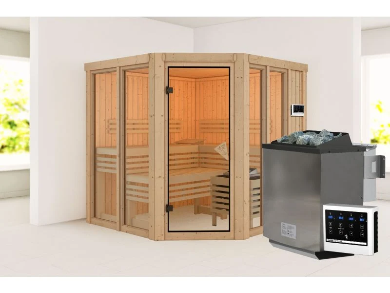 Karibu Sauna Airi, inkl. 9 kW Bioofen ext. Steuerung - ohne Dachkranz -