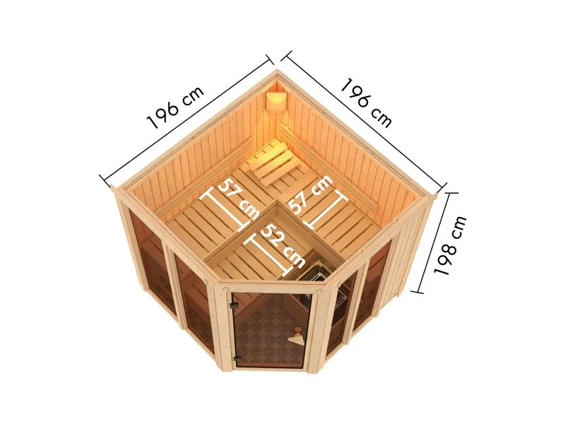 Karibu Sauna Airi, inkl. 9 kW Bioofen ext. Steuerung - ohne Dachkranz -