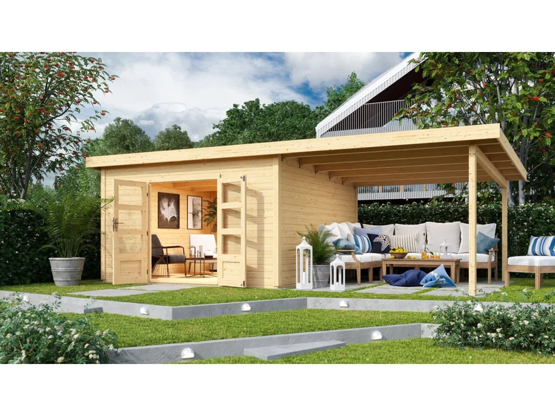 Karibu Gartenhaus Northeim 5 natur mit Anbaudach 3 m