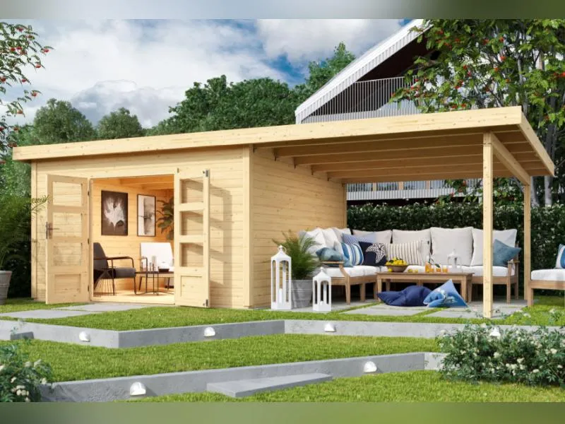 Karibu Gartenhaus Northeim 5 natur mit Anbaudach 3 m