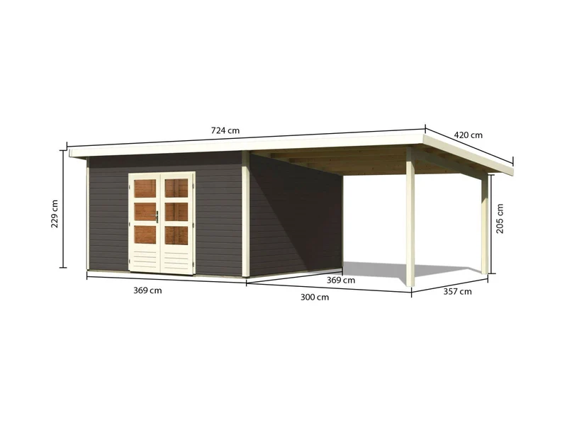 Karibu Gartenhaus Northeim 5 terragrau mit Anbaudach 3 m
