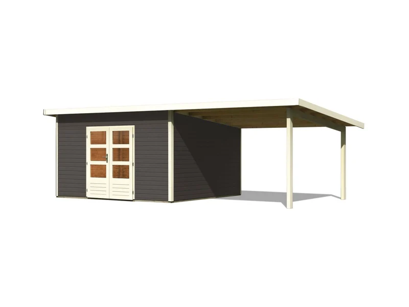 Karibu Gartenhaus Northeim 5 terragrau mit Anbaudach 3 m