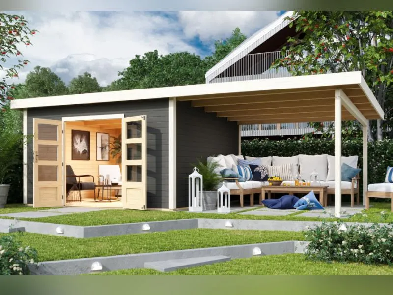 Karibu Gartenhaus Northeim 5 terragrau mit Anbaudach 3 m