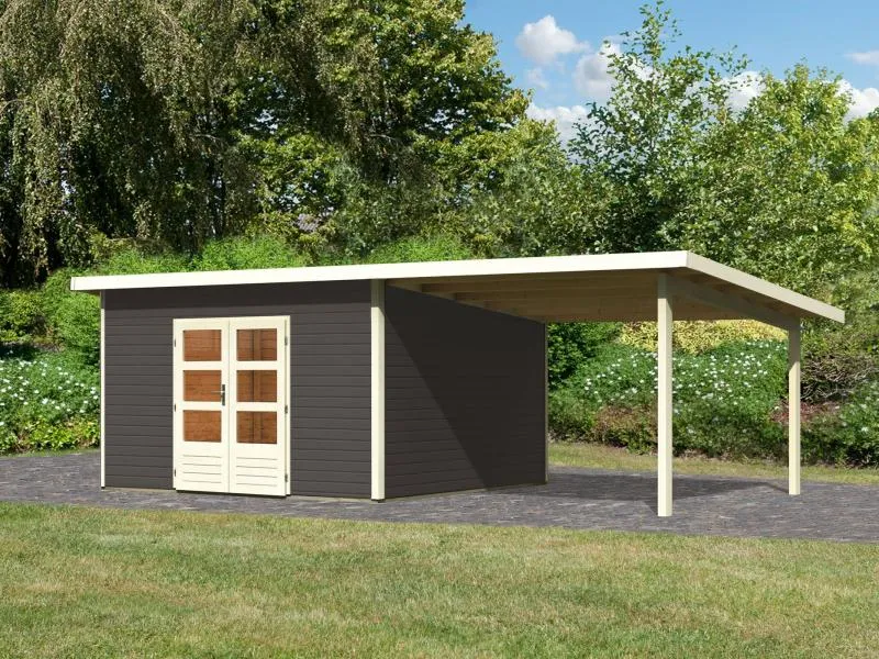 Karibu Gartenhaus Northeim 5 terragrau mit Anbaudach 3 m