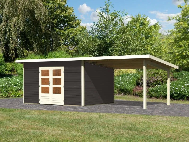 Karibu Gartenhaus Northeim 4 terragrau mit Anbaudach 3 m