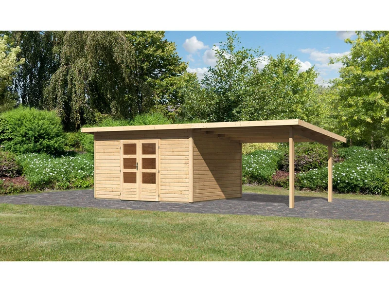 Karibu Gartenhaus Northeim 4 natur mit Anbaudach 3 m