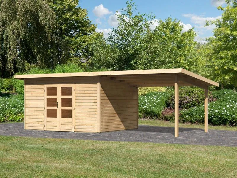 Karibu Gartenhaus Northeim 4 natur mit Anbaudach 3 m