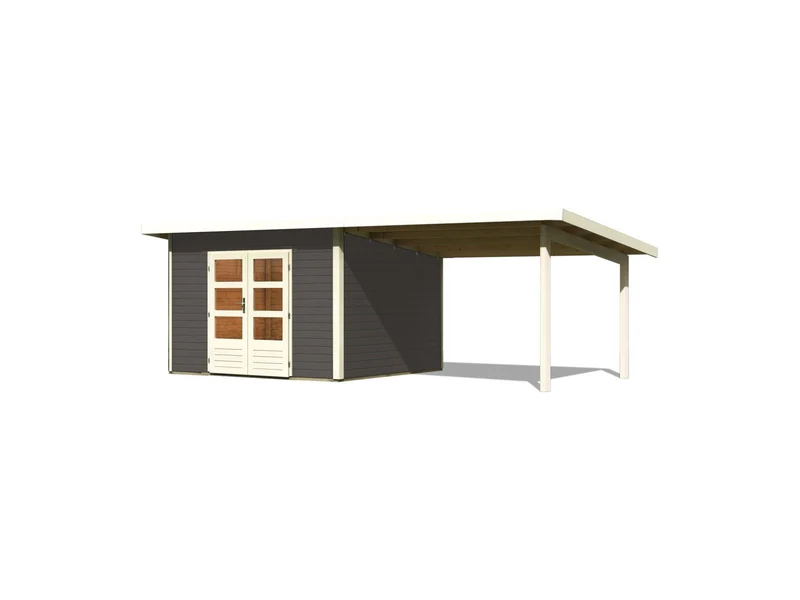 Karibu Gartenhaus Northeim 3 in terragrau mit Anbaudach 3 Meter