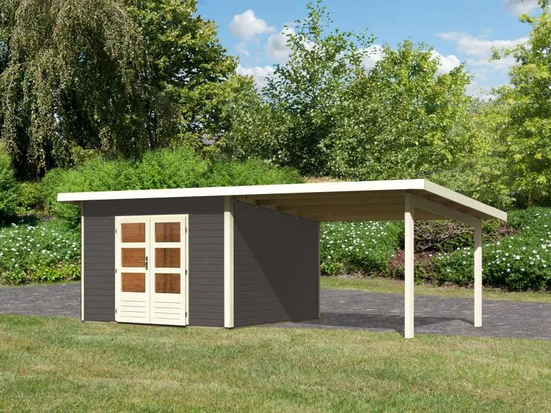 Karibu Gartenhaus Northeim 3 in terragrau mit Anbaudach 3 Meter