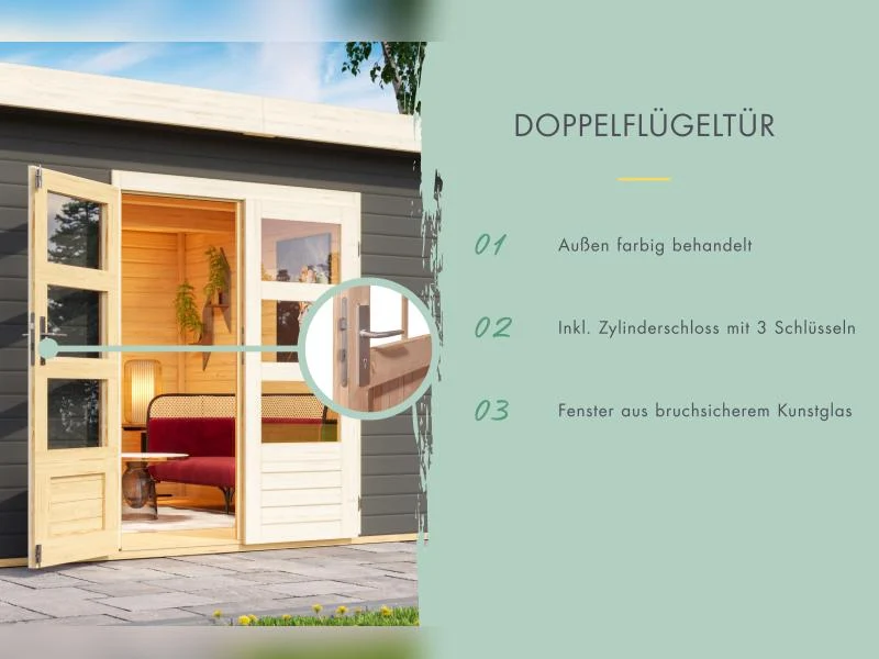 Karibu Gartenhaus Kandern 2 terragrau mit Anbaudach 2,35 m inkl. Rückwand