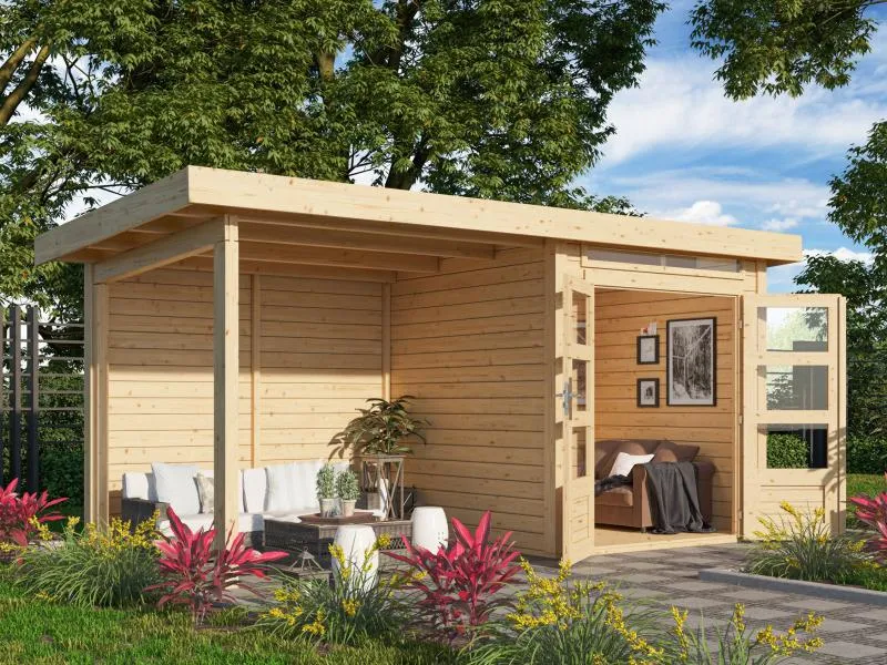 Karibu Gartenhaus Kandern 1 natur mit Anbaudach 2,35 m inkl. Rückwand
